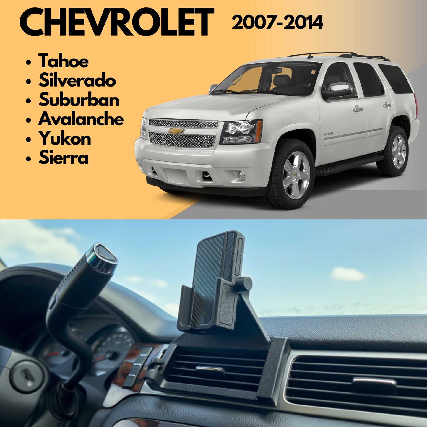 Phone Holder for Chevy Avalanche, Silverado 1500/2500 / 3500, Suburban, Tahoe, GMC Sierra 1500/2500 / 3500, Yukon. 2007-2014, LTZ / Denali Trim Levels ONLY
