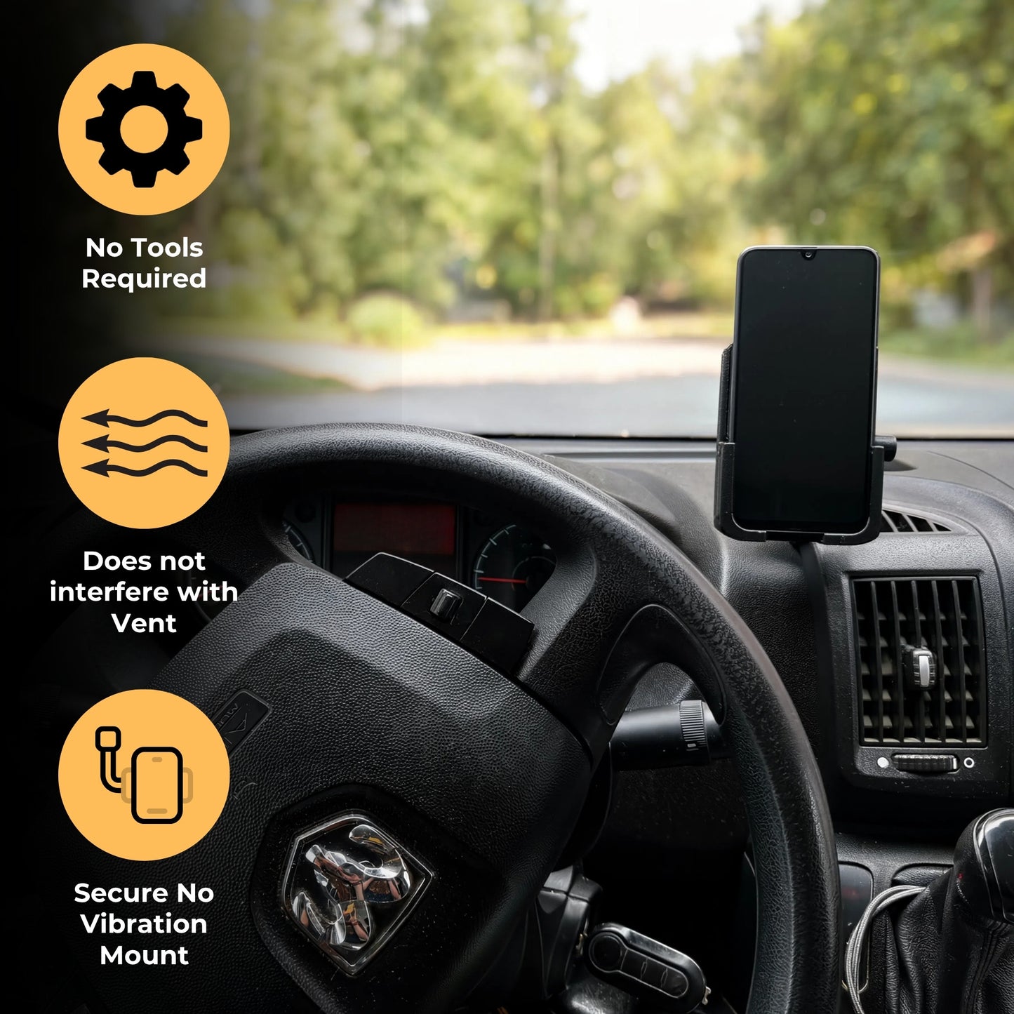 Phone Mount for the RAM ProMaster (2014-2021) - Custom Exact-Fit Dashboard Cell Phone Holder - No Drill Tool-Less Install,- Fits Large Phones iPhone Pro Max, Galaxy