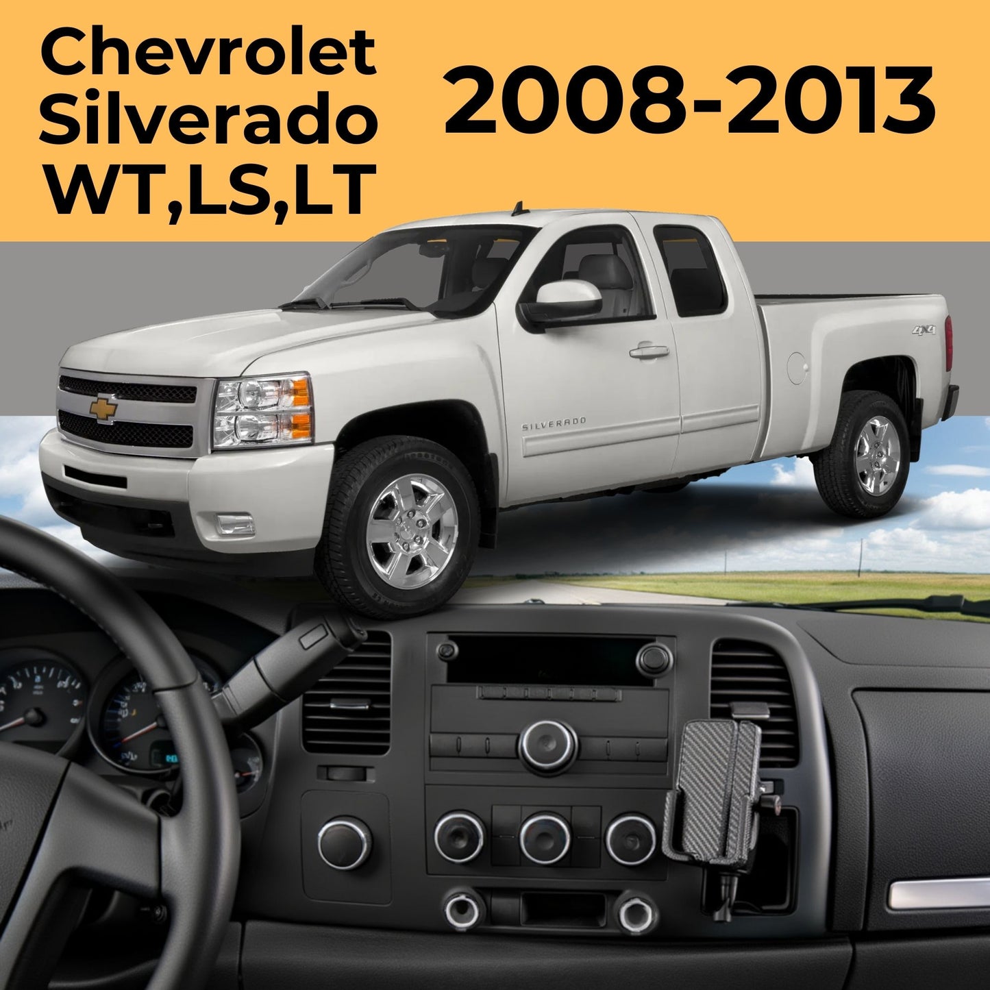 Phone Holder for Chevy Avalanche, Silverado WT/LT/LS 1500/2500 / 3500, GMC Sierra 1500/2500 / 3500. 2007-2014, Custom Mount for Chevrolet Truck, SUV (WT/LT/LTS)